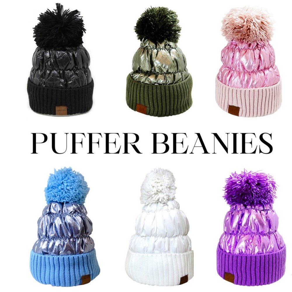 Metallic Foil FRINGE Pom Pom Puffer Knit Beanie (w/Fleece Lining), Winter Cap - Picture 1 of 5